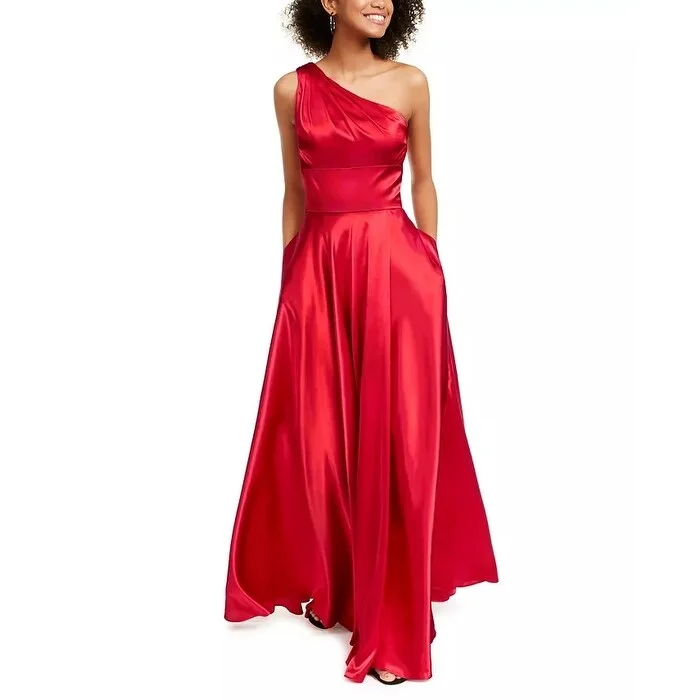 Blondie Nites Junior's One Shoulder Strappy Satin Gown Red Size 3 Tulle unclassified dresses