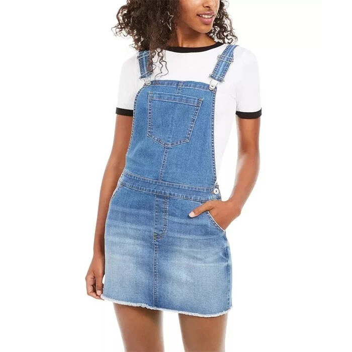 Vanilla Star Juniors' Frayed-Hem Overalls Dress Med Blue Size 1 Short unclassified dresses