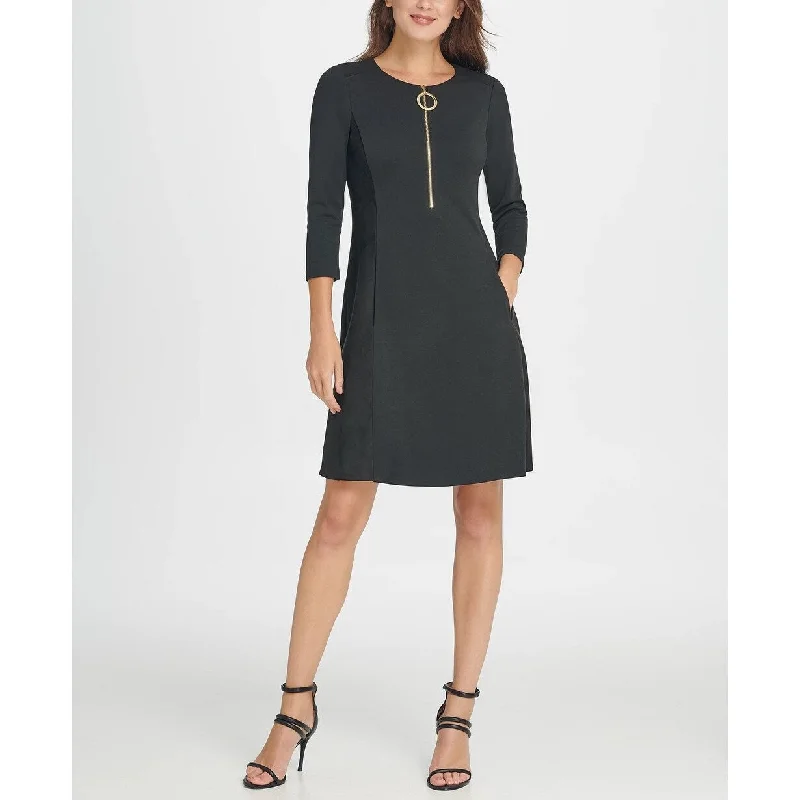 DKNY Women's Ponte And Leather Zipper Fit & Flare Dress Black Size 2 Bold pattern unclassified dresses