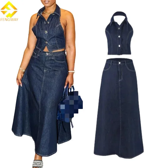 Sexy 2 Piece Halter Backless CropTop Matching Elastic Maxi Denim Set