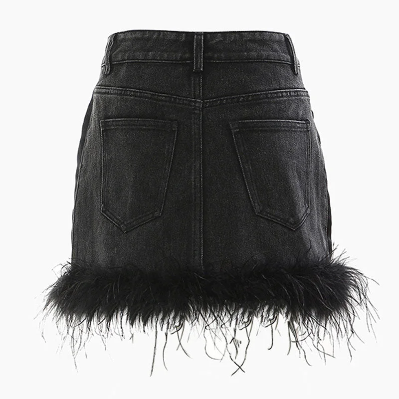 Gothic Glamour Faux Fur Hem High Waist Bodycon Mini Denim Skirt