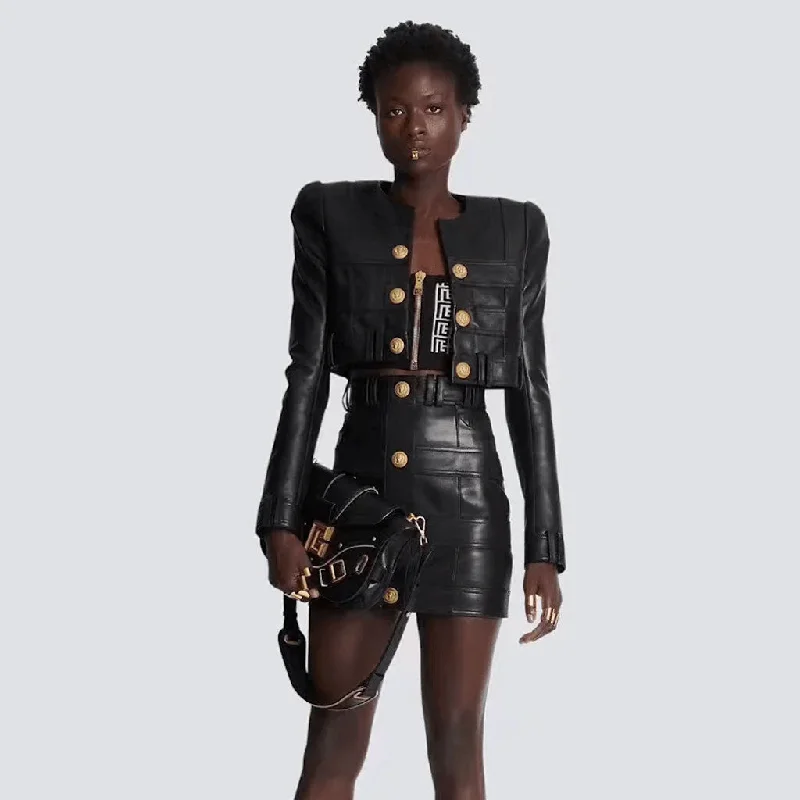 Ritzy High Waist Golden Tone Button Bodycon Vegan Leather Mini Biker Skirt