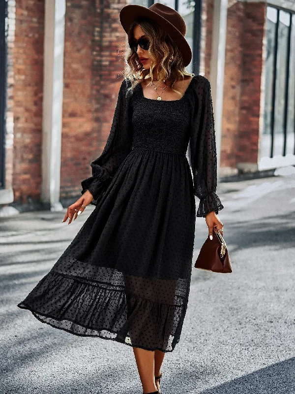 FashionSierra - Chic Lace Lantern Sleeve Ruffles Square Collar Dress