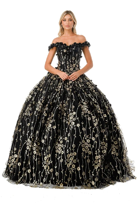 3D Floral Off Shoulder Glitter Ball Gown by Coya L2766A