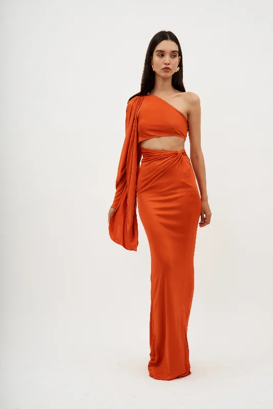 Asymmetric One Sleeve Orange Cut Out Dress