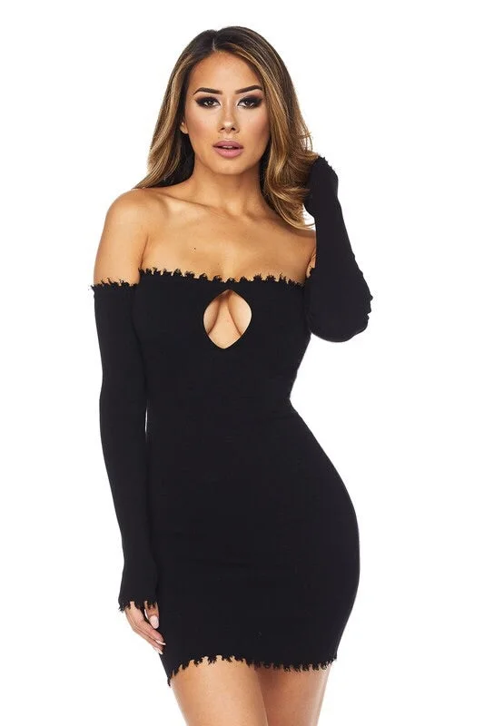 Carli, Off the shoulder dress with distressed seam details