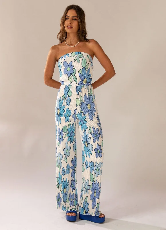 Doing The Most Plisse Jumpsuit - Blue Blossom