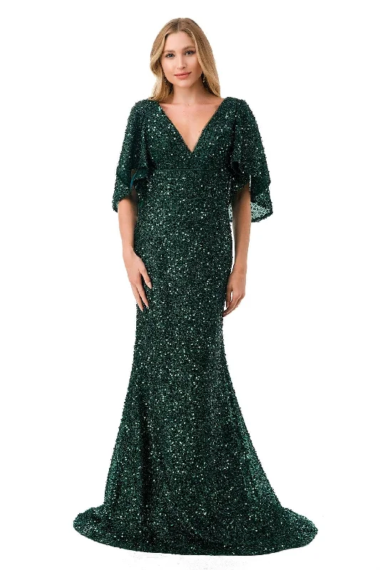 Fitted Sequin Flutter Sleeve Gown by Coya M2751T