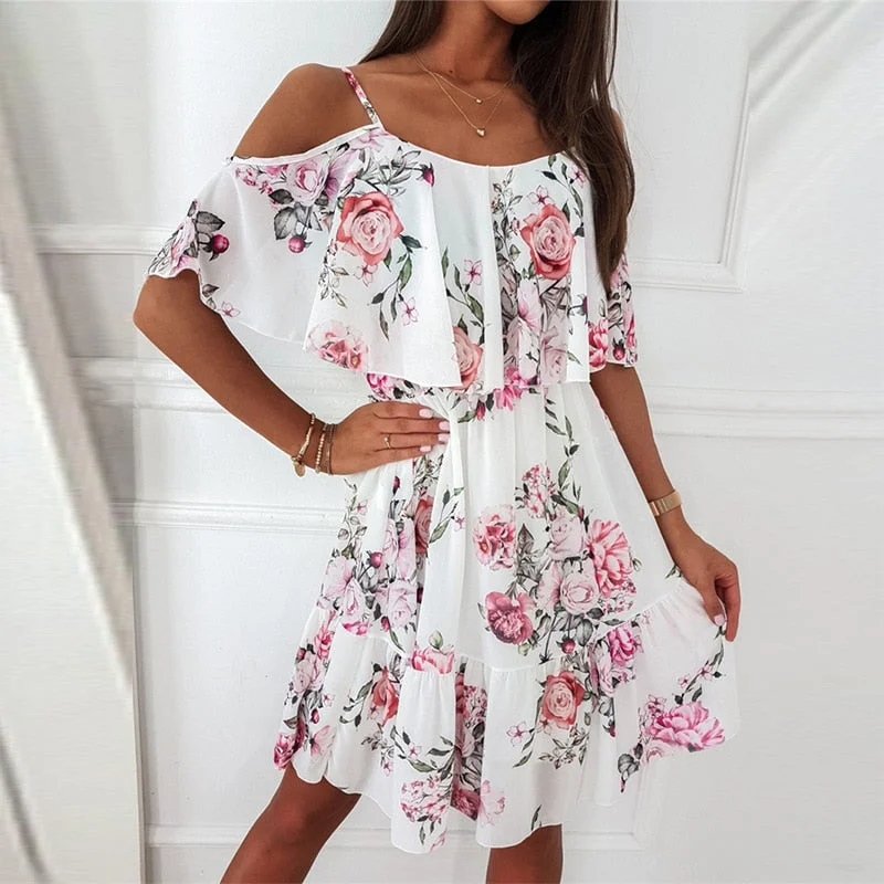 FashionSierra - Backless Off Shoulder Floral Print Boho Beach Dress