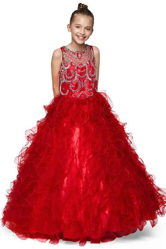 Girls Beaded Illusion Ball Gown with Ruffled Skirt 8001