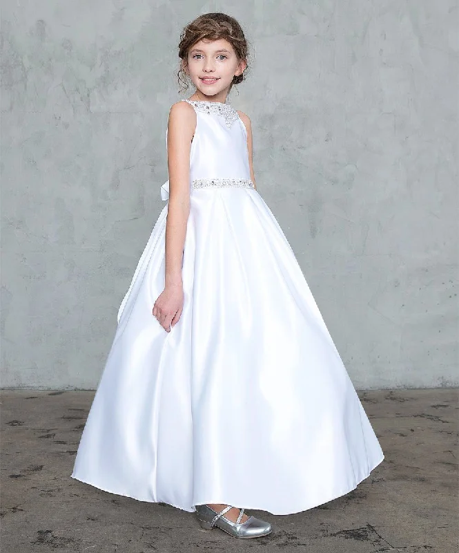 Girls Long Sleeveless Satin Dress with Beaded Top