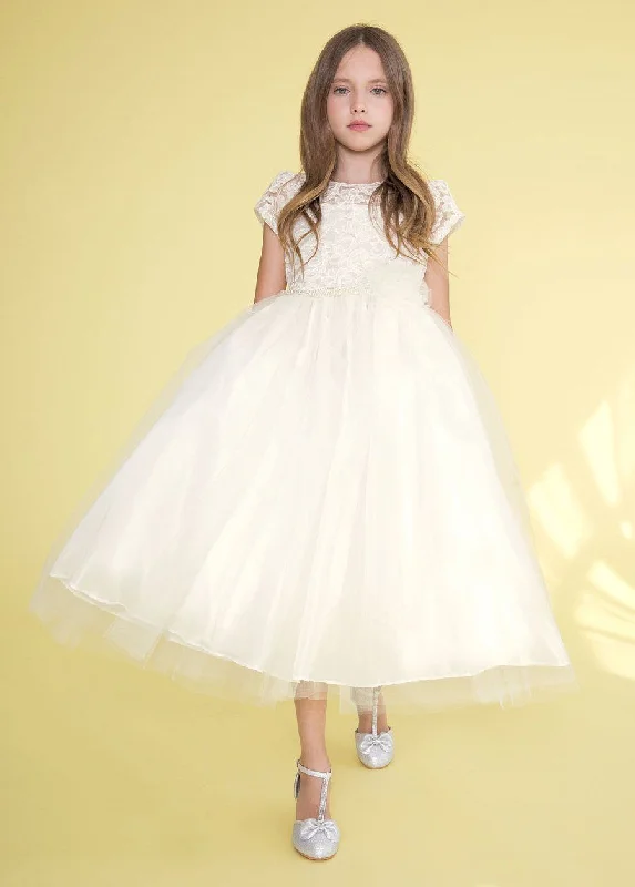 Girls Short-Sleeved Tulle Dress with Lace Bodice