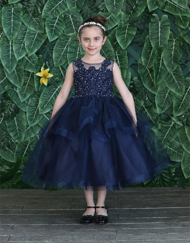 Girls Tea Length Tulle Dress with Embroidered Bodice by Calla D792