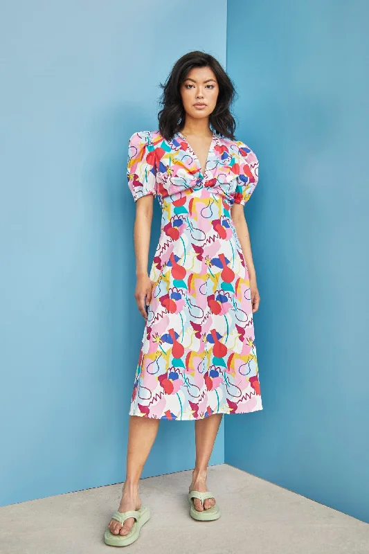 Glamorous Care Abstract Rainbow Print V- Neck Puff Shoulder Midi Dress