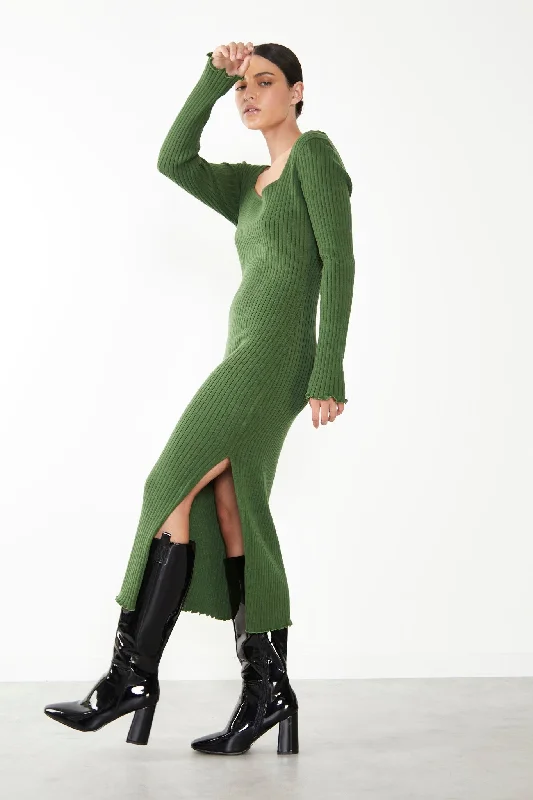 Glamorous Care Green Ribbed Long Sleeve Midi Dress