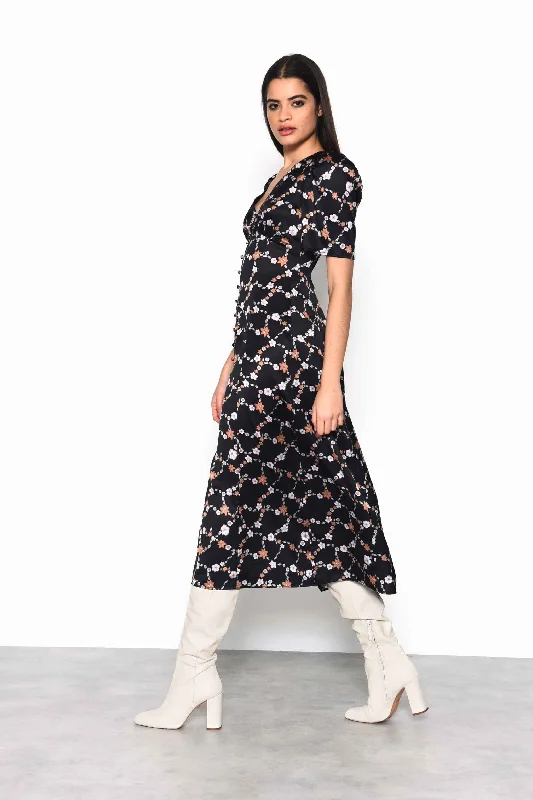 Glamorous Chain Floral Button Down Midi Dress with Plunging Neckline, Gathered Bust Detail and Puff Sleeves