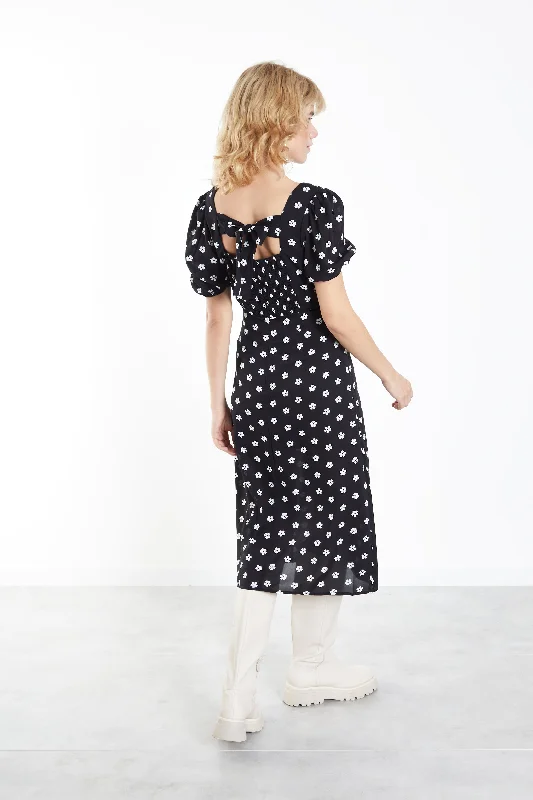 Glamorous Black White Daisy Tie Back Midi Dress