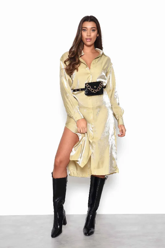 Glamorous Ochre Shimmer Long Sleeve Midi Shirt Dress with Side Splits