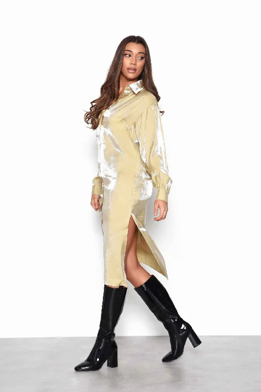 Glamorous Ochre Shimmer Long Sleeve Midi Shirt Dress with Side Splits