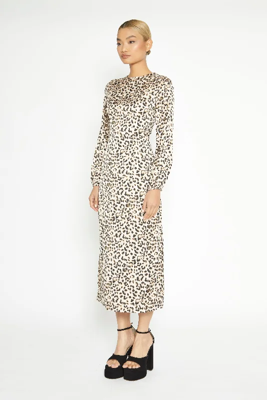 Glamorous Natural White Leopard print Long Sleeve Midi Dress