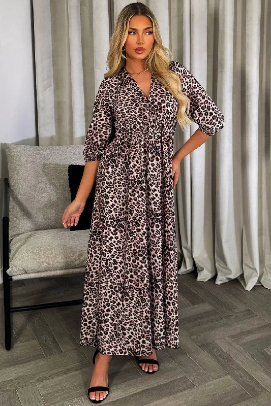 Leopard Print Maxi Dress With Long Sleeves