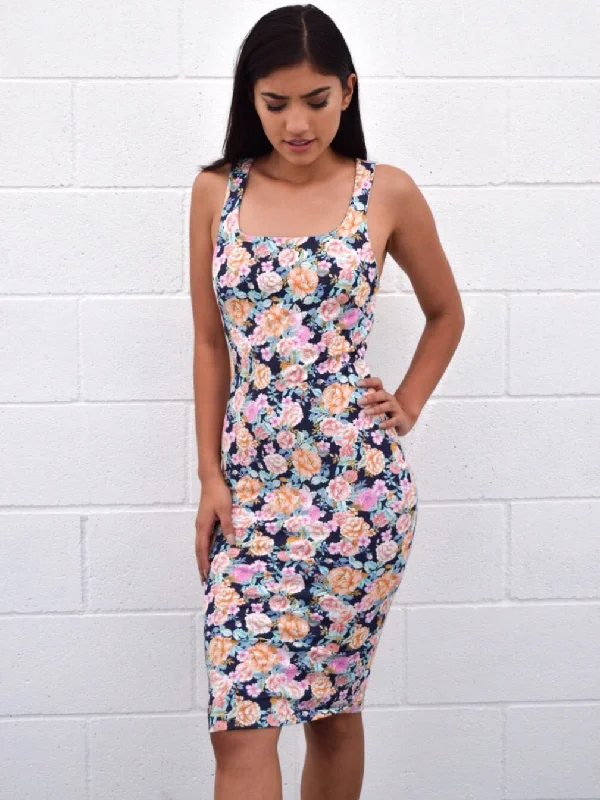 Monica, Floral Blue peach dress