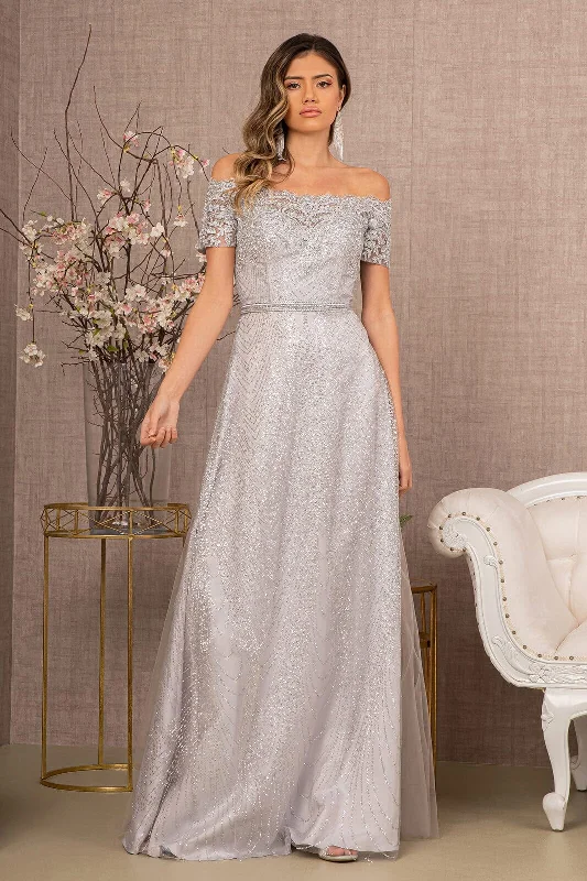 Embroidered Off Shoulder Glitter Gown by Elizabeth K GL2942