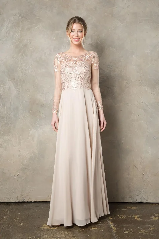 Sequin Embroidered Long Sleeve A-line Gown by Juno 0960