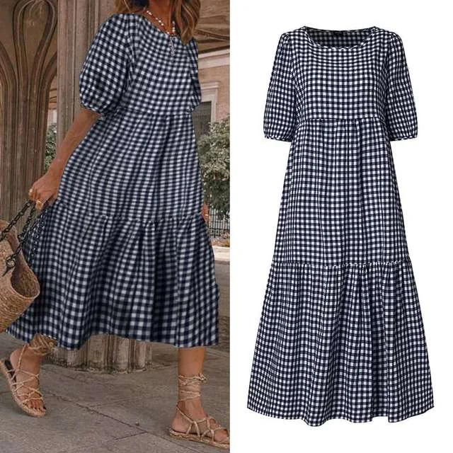 DressBetty - Women Short Sleeve  Vintage Plaid Printed Sundress