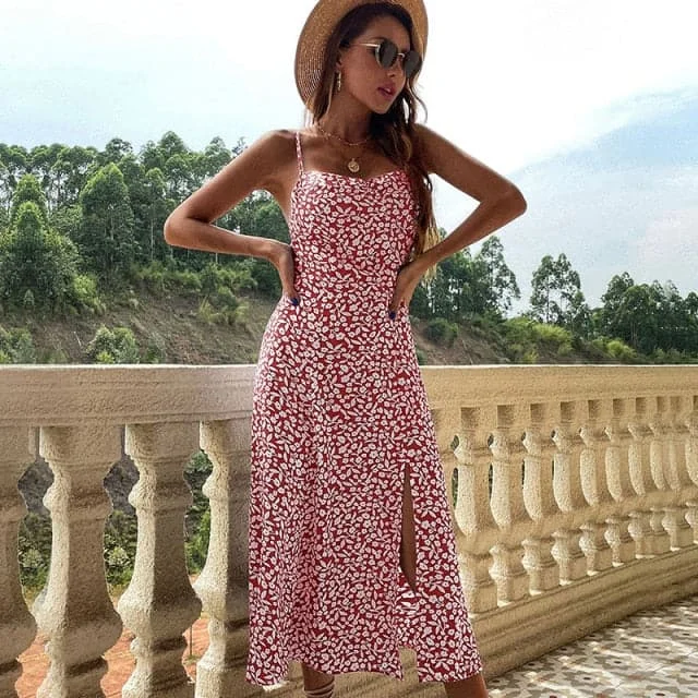 DressBetty - Summer Fashion Bohemian Sleeveless Dress for Women Vintage Sexy Floral Silk Maxi Robe Casual Wedding Guest Long Dresses