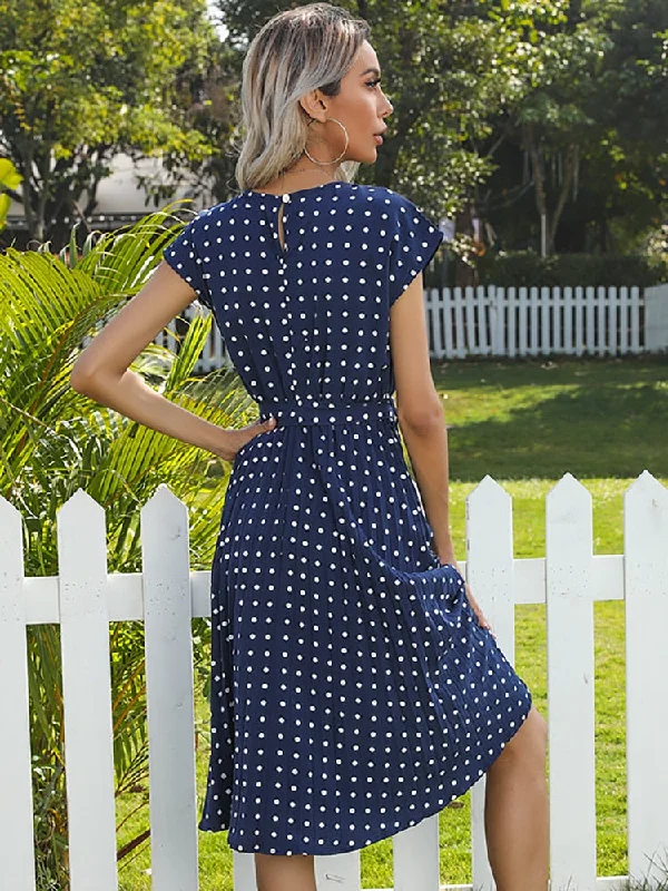 FashionSierra - Polka Dot Short Sleeve Bandage Party Pleated Midi Dress