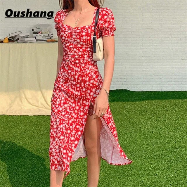 DressBetty - Vintage Party Dress Women Summer Floral Print Square Collar Split Midi Dresses Ladies Fashion Streetwear Casual