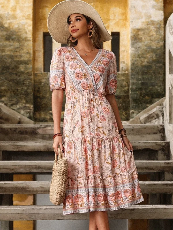 FashionSierra - Bohemian Print V-neck HolidayChiffon Dress