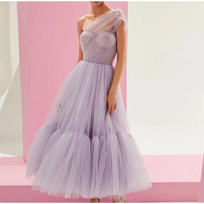 FashionSierra - One Shoulder Tulle Mesh Evening Party A-Line Tutu Dress