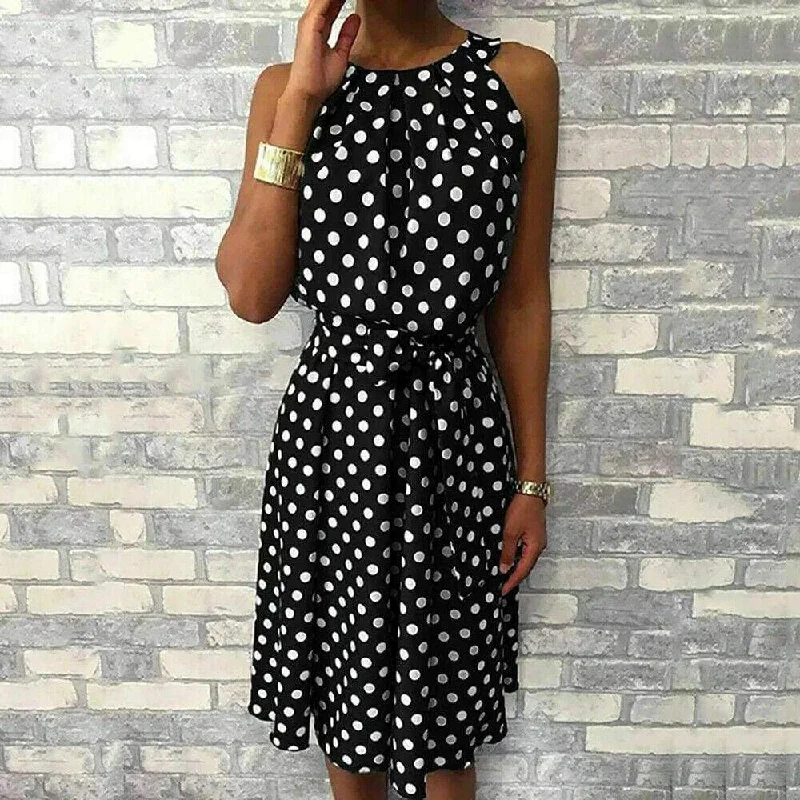 FashionSierra - Women Sleeveless Polka Dot Midi Dress 2019 Fashion Ladies Summer Beach Casual Bandage Belt Dress Sundress