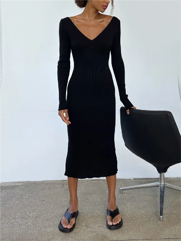 FashionSierra - V-Neck Backless Knit Rib Wrap Midi Pencil Dress