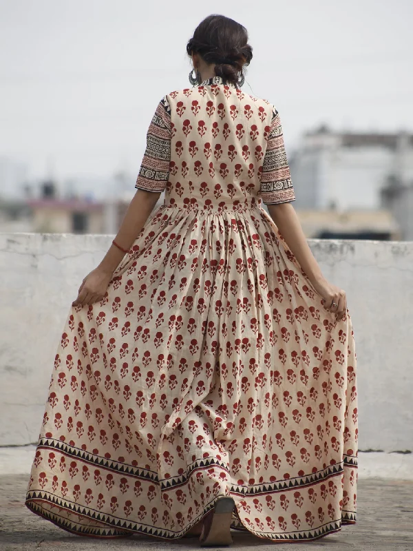 Naaz Alina - Beige Maroon Black Hand Block Printed Long Cotton Dress With Front Slit & Gathers  -  DS41F001