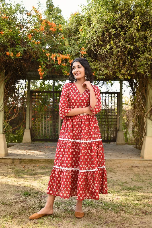 Berry red three tier Handblock cotton long dress