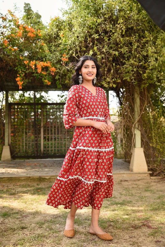 Berry red three tier Handblock cotton long dress