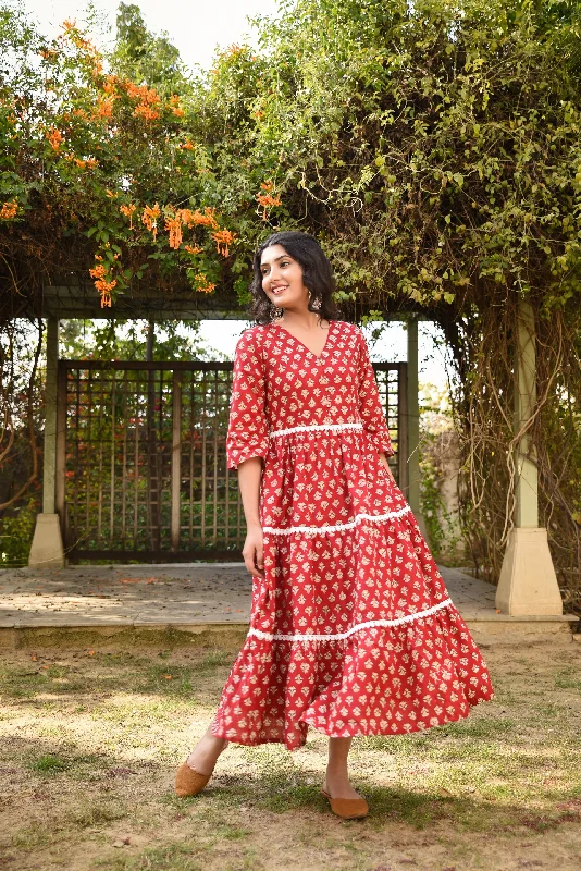 Berry red three tier Handblock cotton long dress