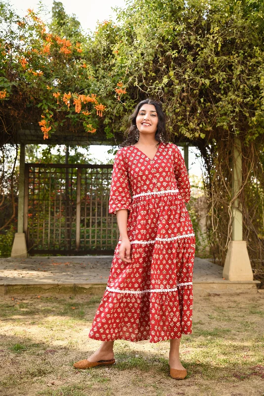 Berry red three tier Handblock cotton long dress