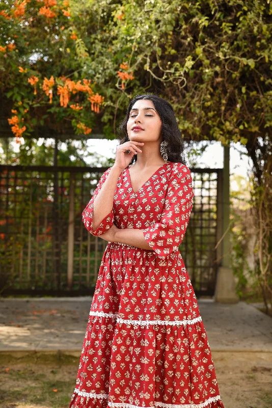 Berry red three tier Handblock cotton long dress