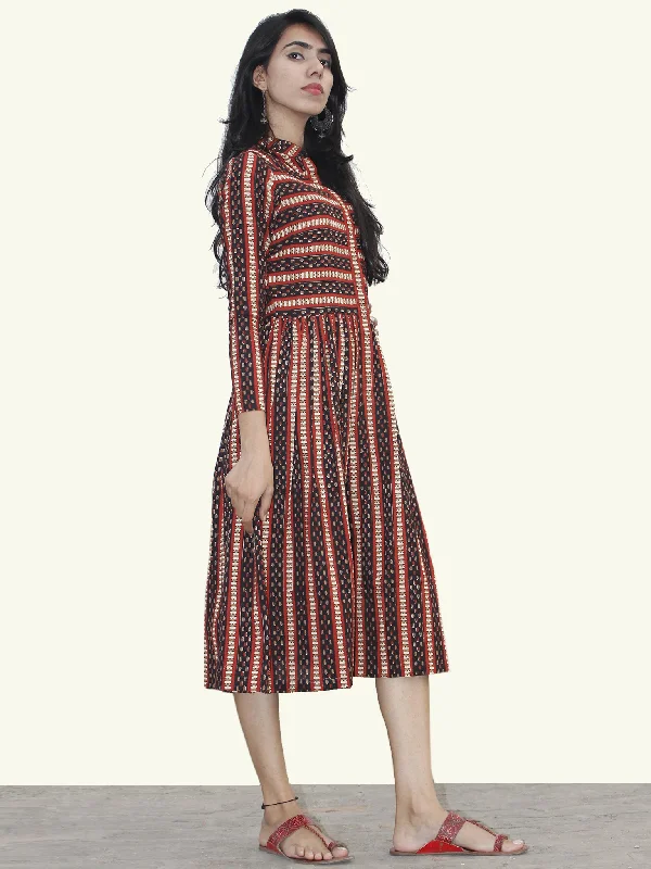 Black Red Mustard Ivory Hand Block Printed Cotton Dress With Stand Collar - D156F878