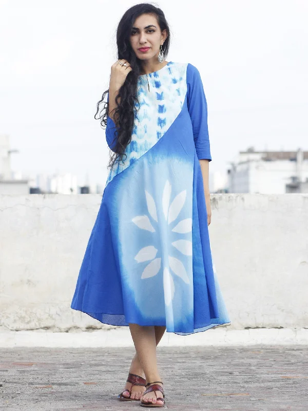 Naaz Blue White Hand Block Printed & Tie Dye Calf Length Dress with 3/4 Sleeves  - DS28F001