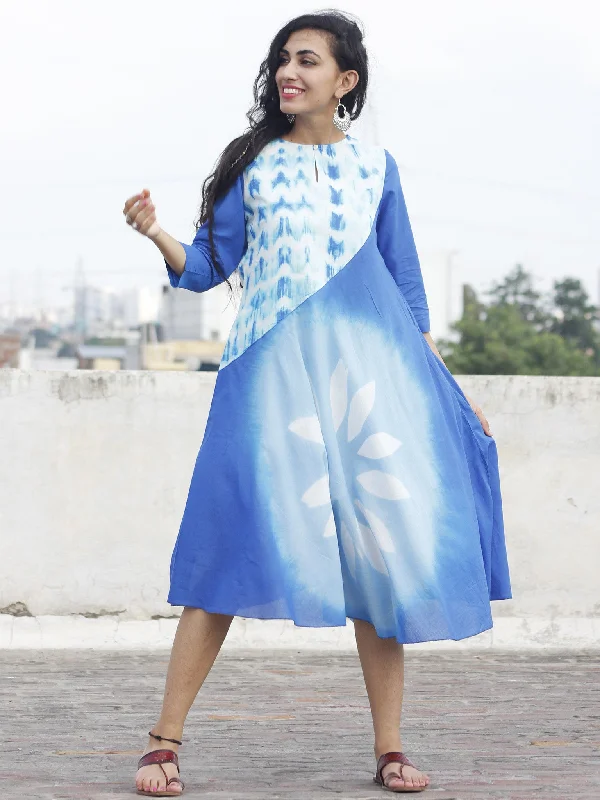 Naaz Blue White Hand Block Printed & Tie Dye Calf Length Dress with 3/4 Sleeves  - DS28F001