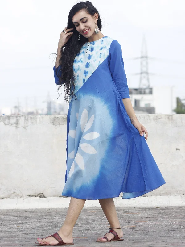 Naaz Blue White Hand Block Printed & Tie Dye Calf Length Dress with 3/4 Sleeves  - DS28F001