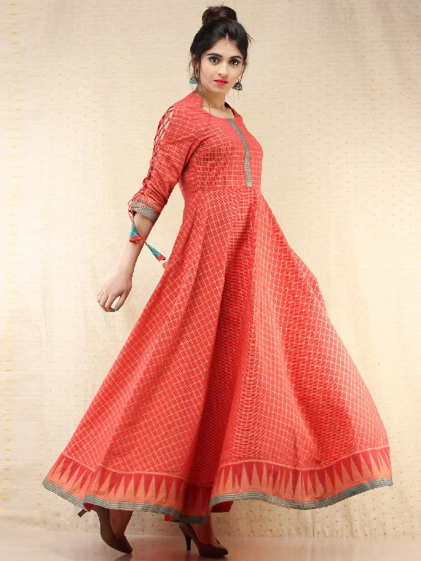 Nazma - Coral Gold Checks Printed Long Urave Cut Dress - D378FXXXX