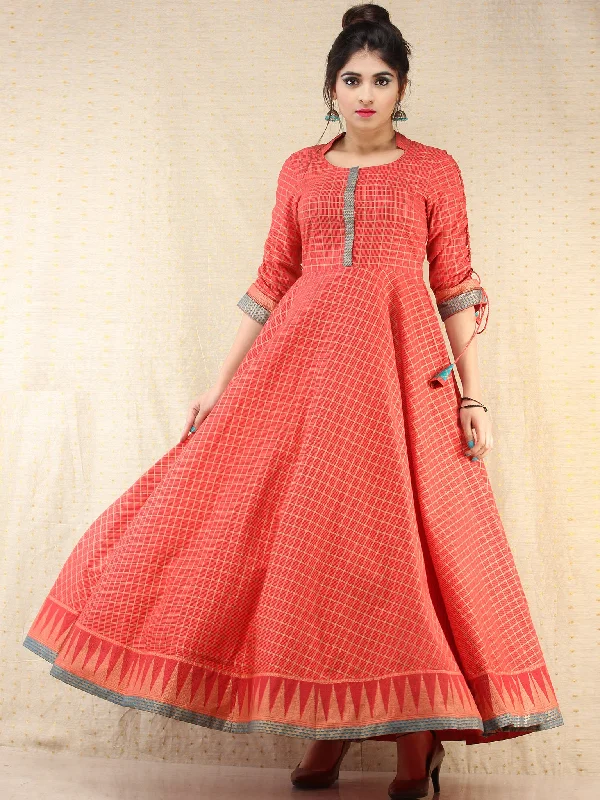 Nazma - Coral Gold Checks Printed Long Urave Cut Dress - D378FXXXX