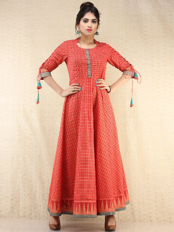 Nazma - Coral Gold Checks Printed Long Urave Cut Dress - D378FXXXX