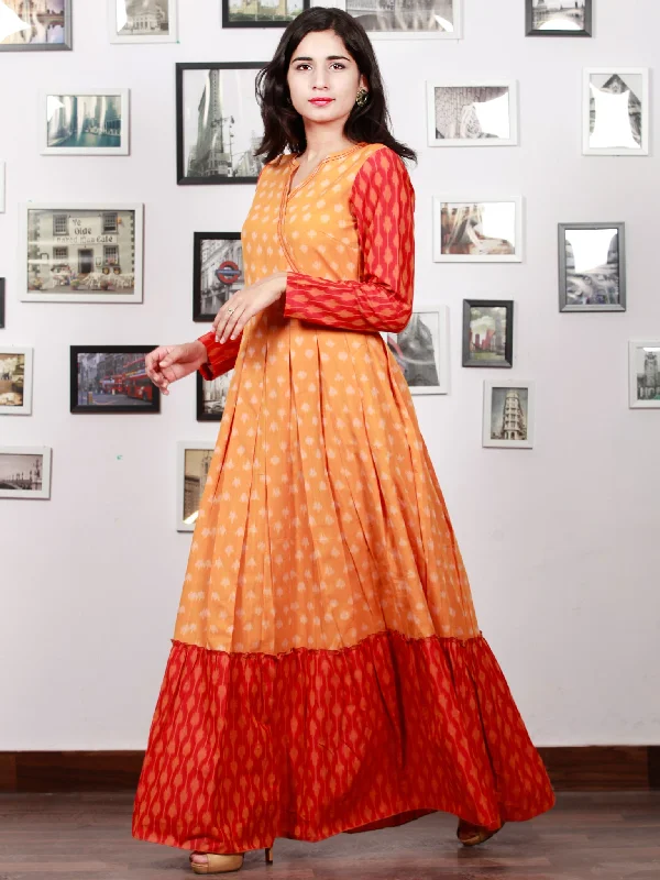 Yellow Red Orange Handloom Mercerised Ikat Long Cotton Tier Dress With Gathers - D169F1287